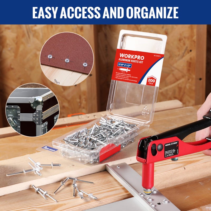 WORKPRO 200Pcs Aluminum Blind Rivets, 3/16"" x 1/2"" Pop Rivets Assortment, Aluminum Grip and Steel Mandrel, for Metal, Marine Boat, Automotive, Railway, and Duct Work- Pack of 200, Silver - Image 4